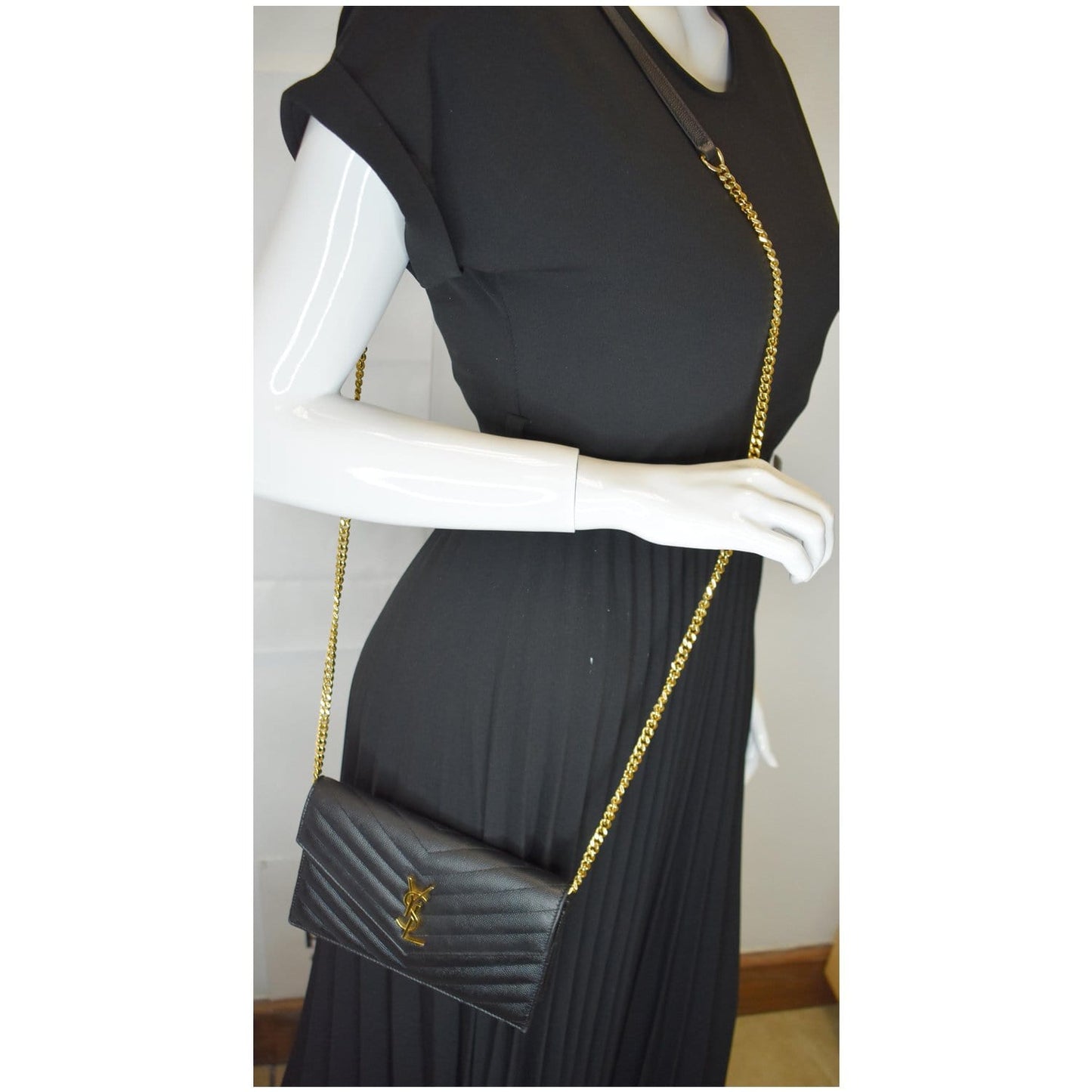 YVES SAINT LAURENT Envelope Monogram Leather Crossbody Chain Wallet Black