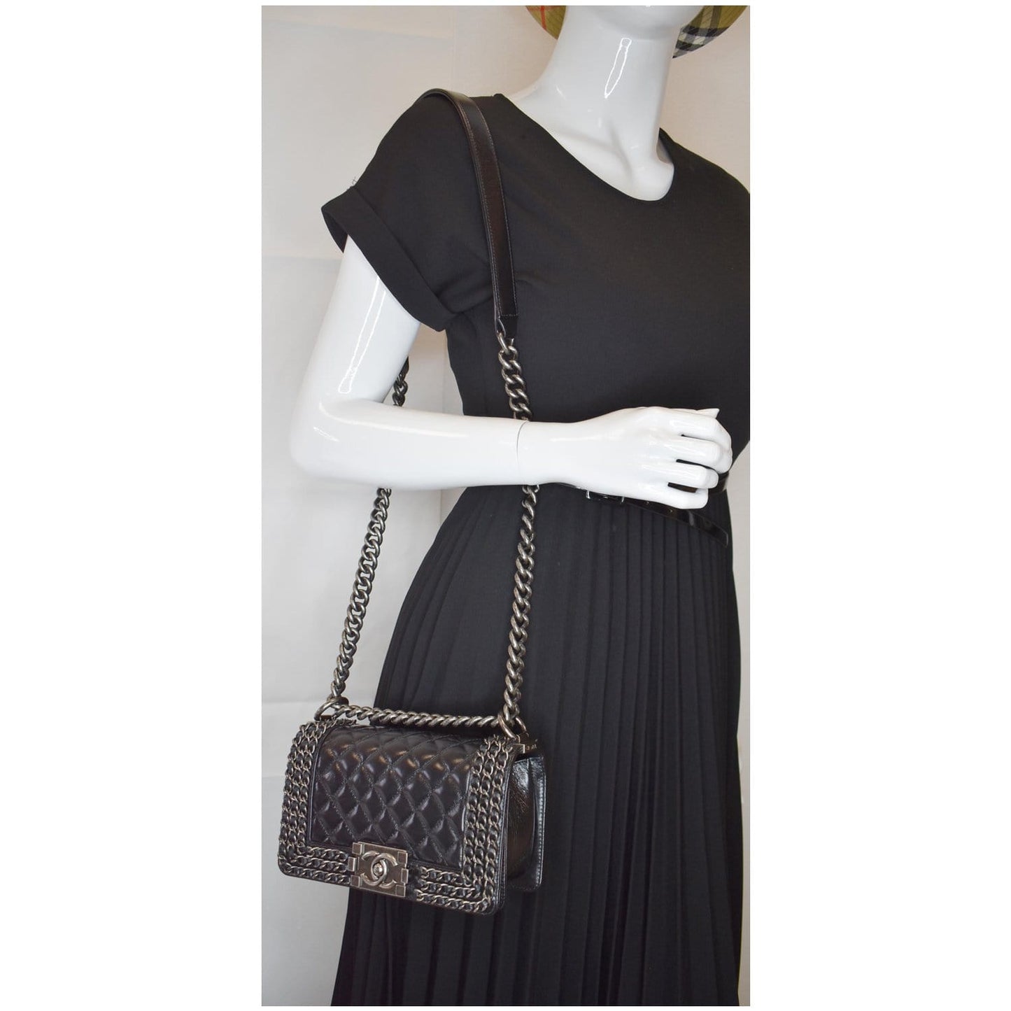 CHANEL Small Boy Embellished Chain Lambskin Shoulder Bag Black