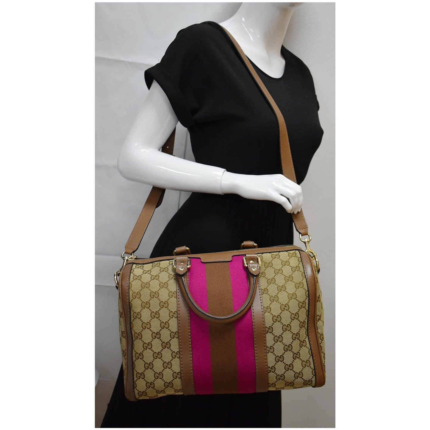GUCCI Vintage Web GG Canvas Boston Bag Beige 247205