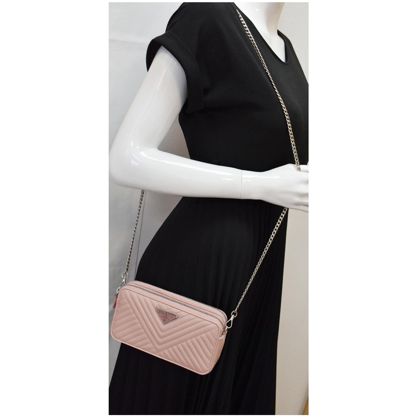 PRADA Nappa Mini Impunture Bandoliera Chain Leather Crossbody Bag Orchidea