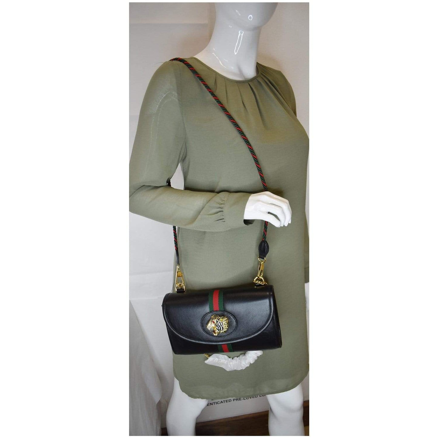GUCCI Rajah Small Web Leather Shoulder Bag Black 570145 - 25% OFF