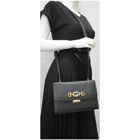 GUCCI Zumi Small Grainy Leather Chain Crossbody Bag Black 576388