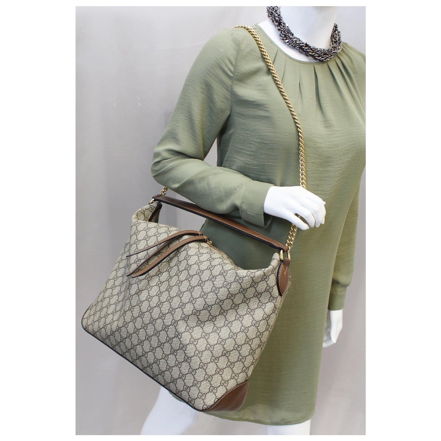 GUCCI GG Supreme Canvas Hobo Shoulder Bag Beige/Brown