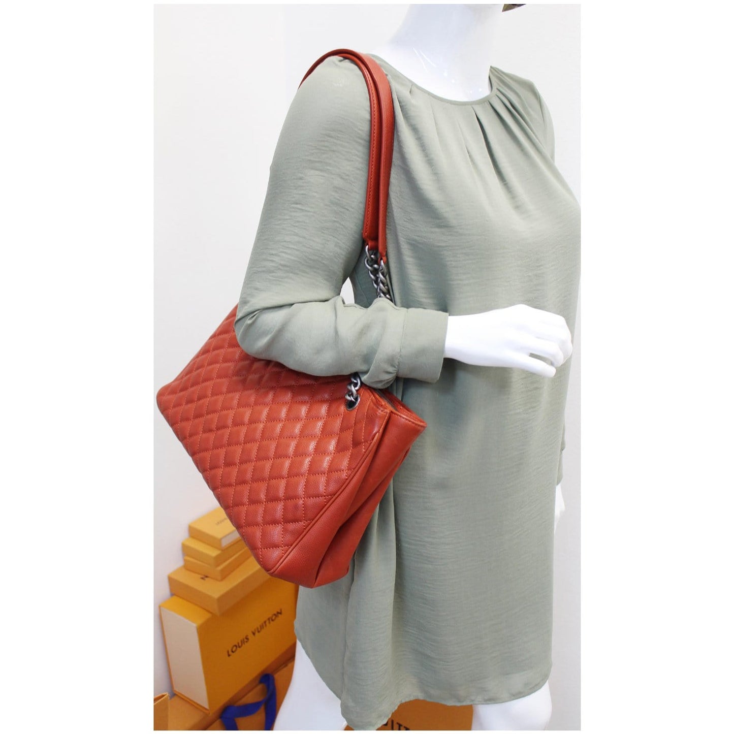 CHANEL Medium Rock In Rome Quilted Caviar Shoulder Tote Bag Red