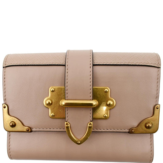 PRADA Cahier Saffiano French Compact Flap Wallet Beige