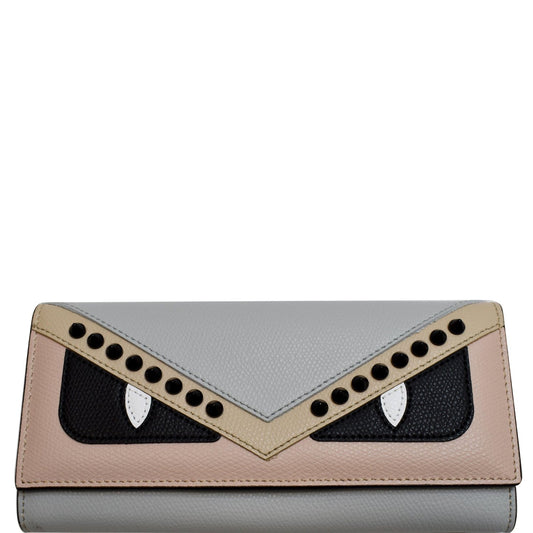 FENDI Monster Studs Leather Bugs Continental Wallet Grey