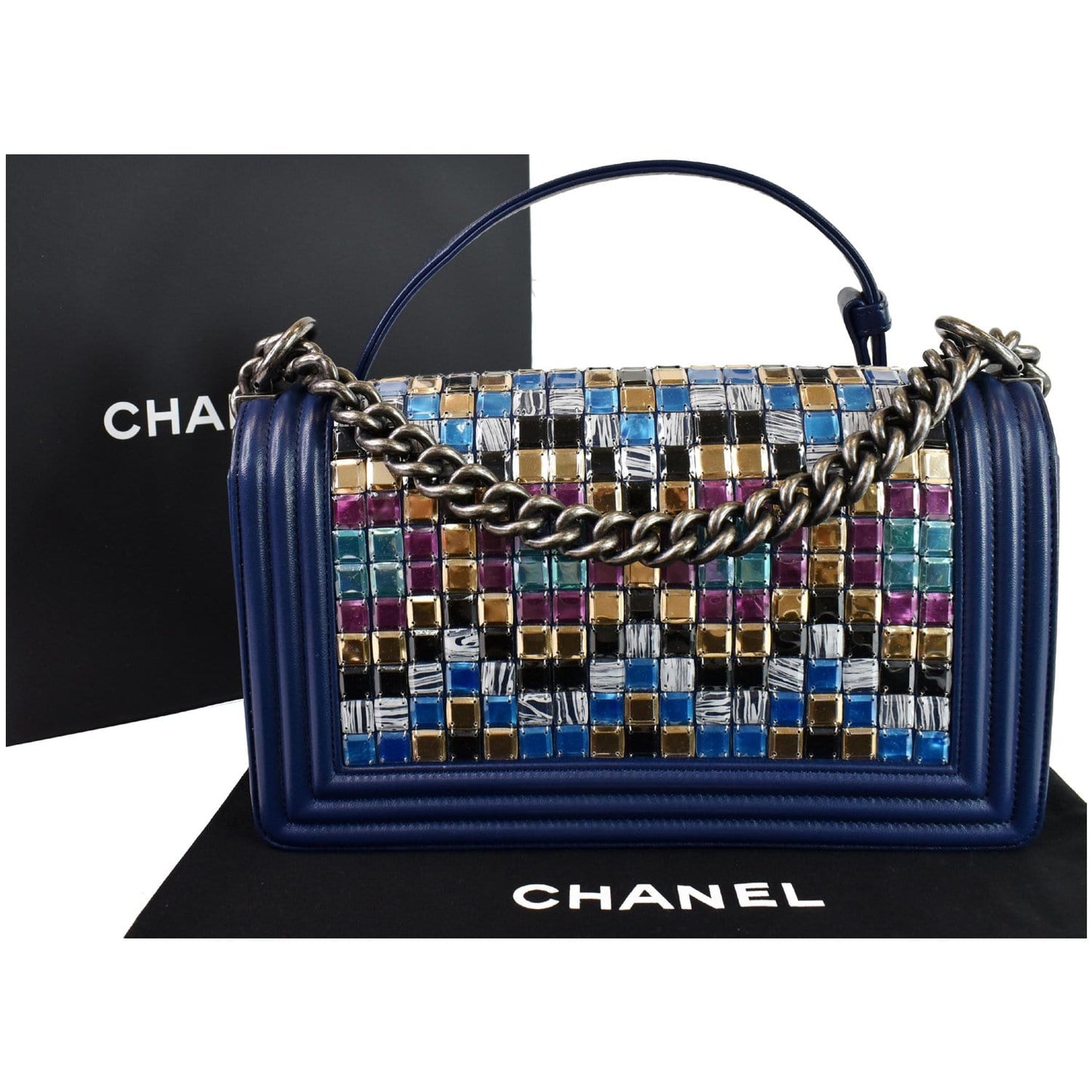 CHANEL Mosaic Large Boy Quilted Lambskin Shoulder Bag Blue