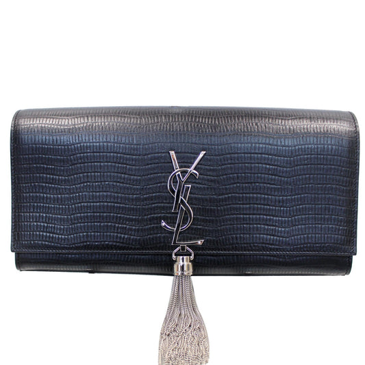 YVES SAINT LAURENT Classic Kate Monogram Tassel Embossed Leather Clutch Black