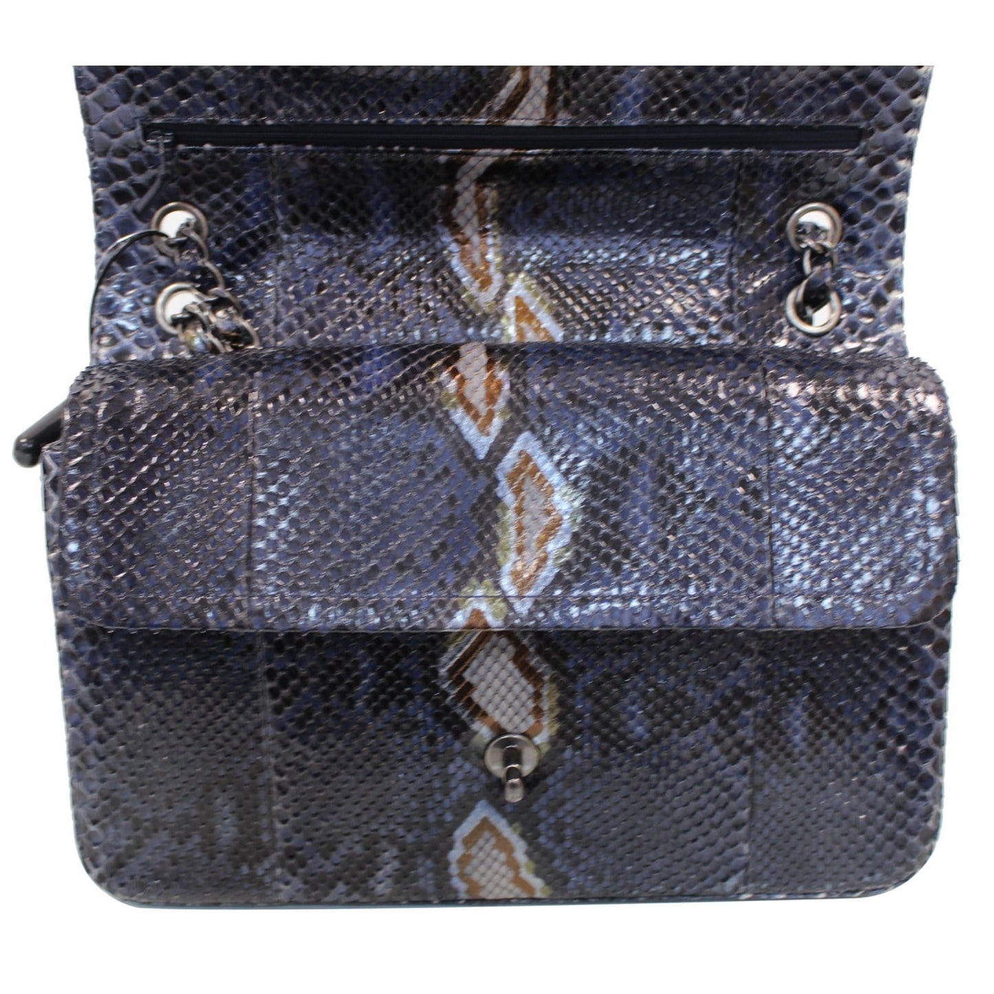 CHANEL Timeless Classic Double Flap Python Shoulder Bag Navy Blue