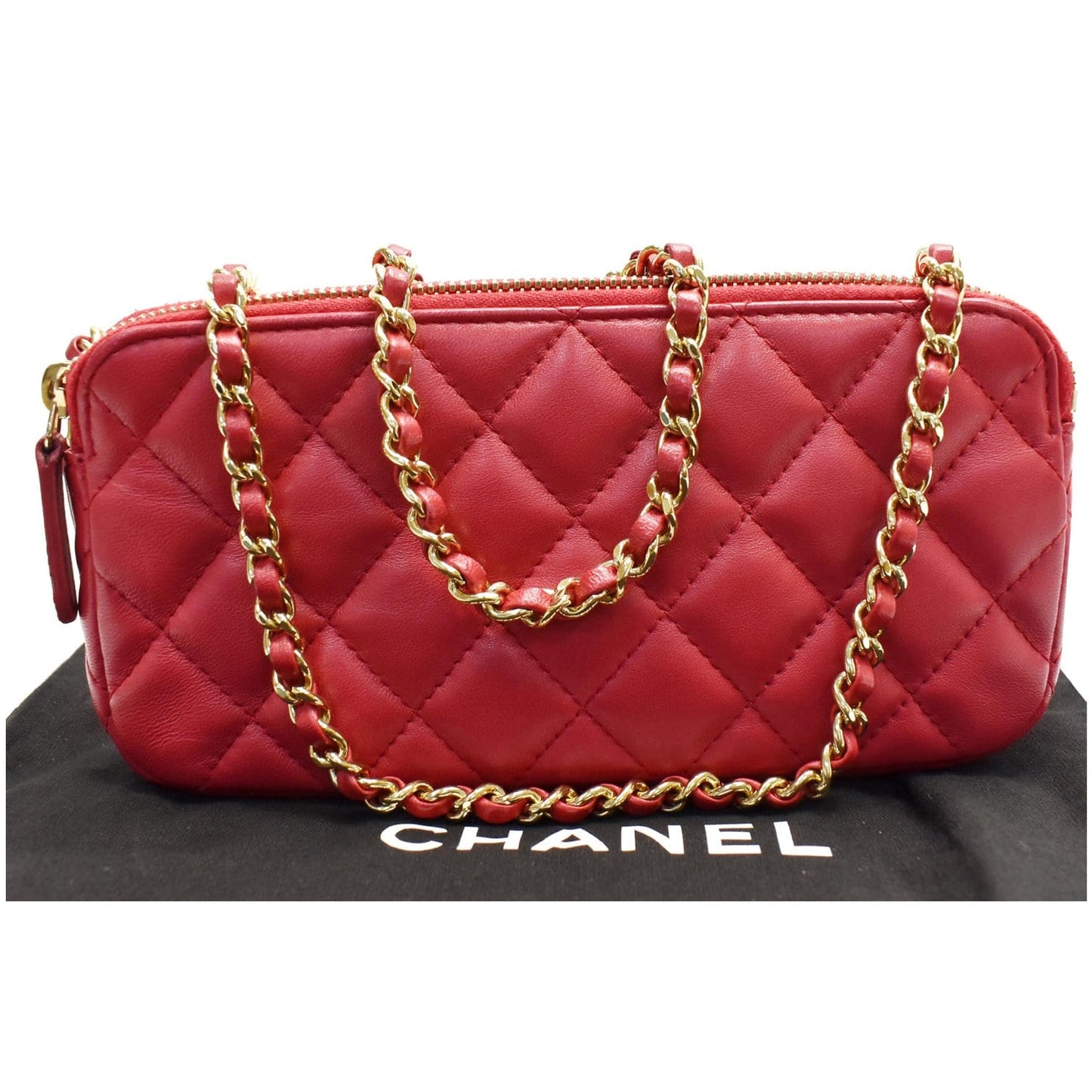 CHANEL Double Zip Wallet On Chain WOC Lambskin Shoulder Bag Red