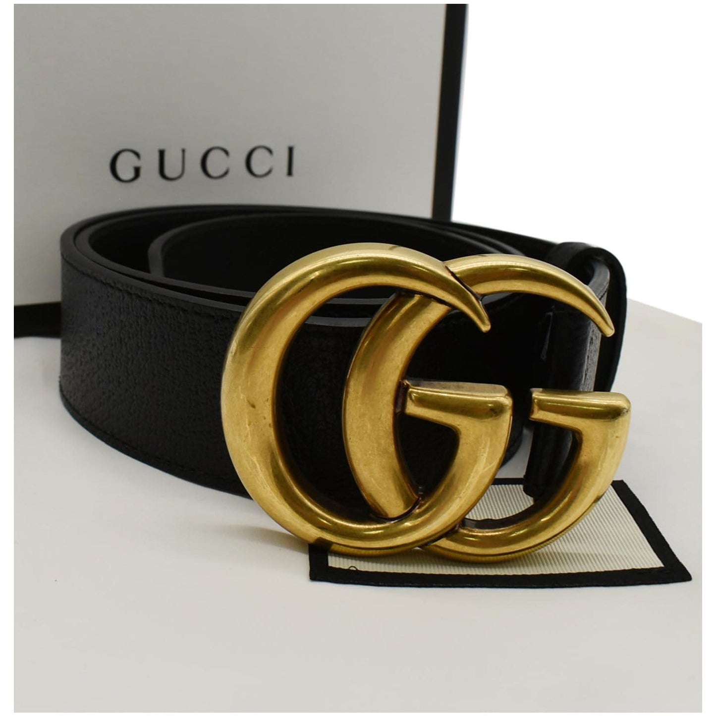 GUCCI Double G Buckle Textured Leather Belt Black 406831 Size 85.34