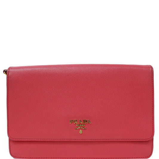 PRADA Saffiano Metal Leather Wallet on Chain Crossbody Bag Pink