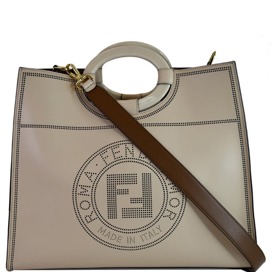 FENDI Runaway Large Perforated Leather Shopper Tote Bag Beige