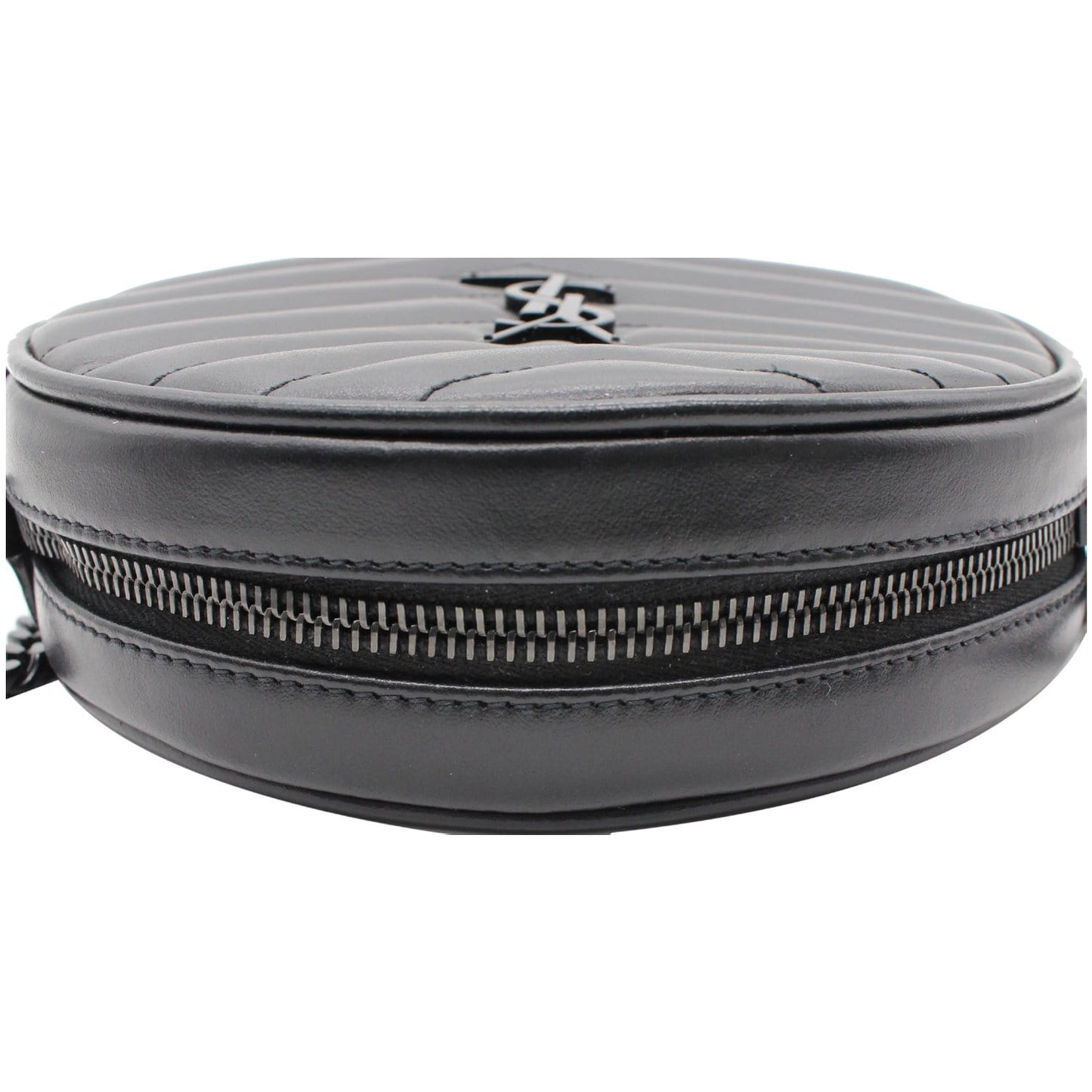 YVES SAINT LAURENT Vinyle Round Chevron Leather Camera Crossbody Bag Black
