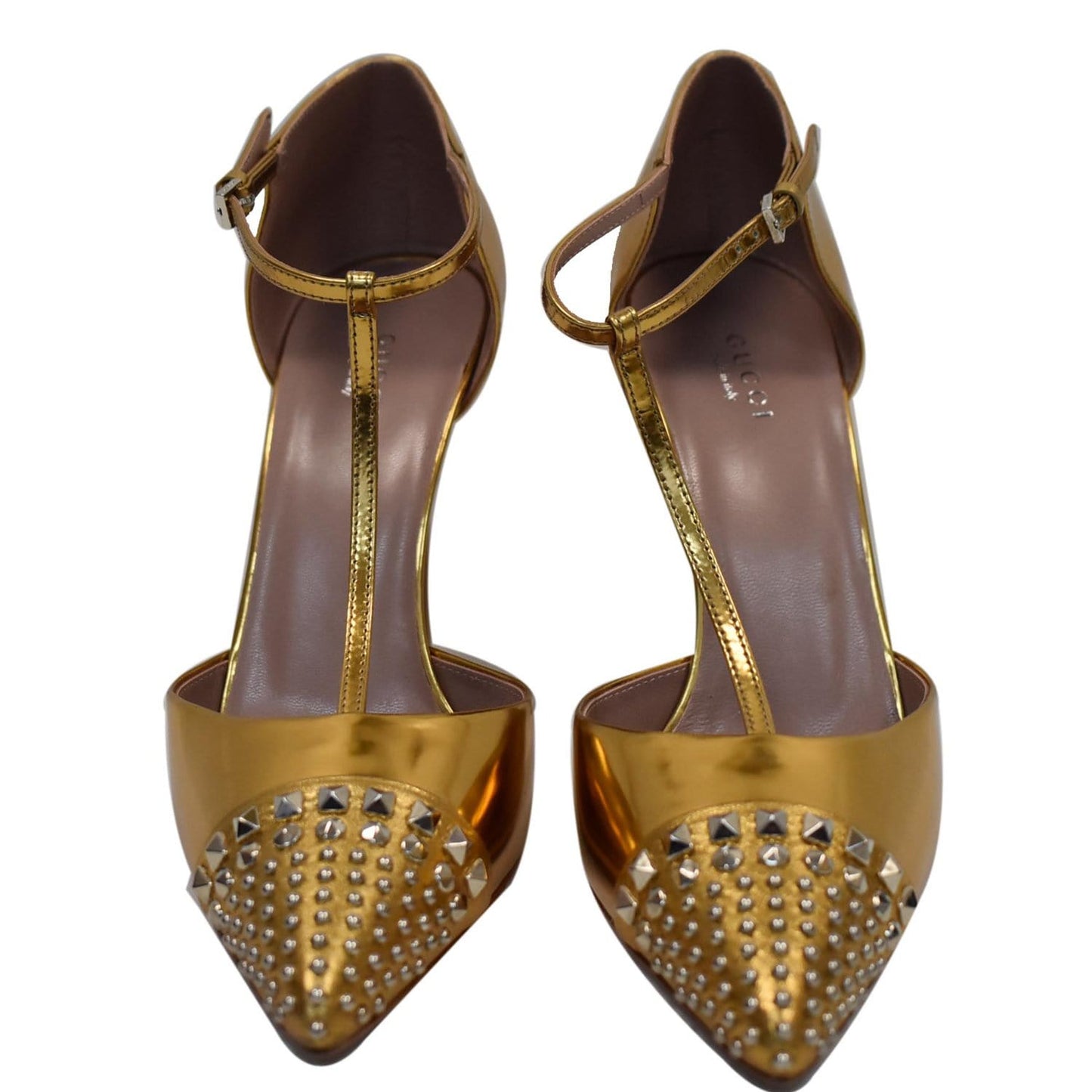 GUCCI Studded T-Strap Metallic Leather Heel Pumps Gold Size 39 1/2