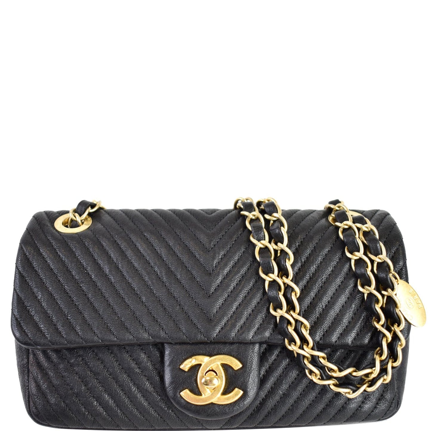 CHANEL Surpique Chevron Calfskin Classic Flap Shoulder Bag Black