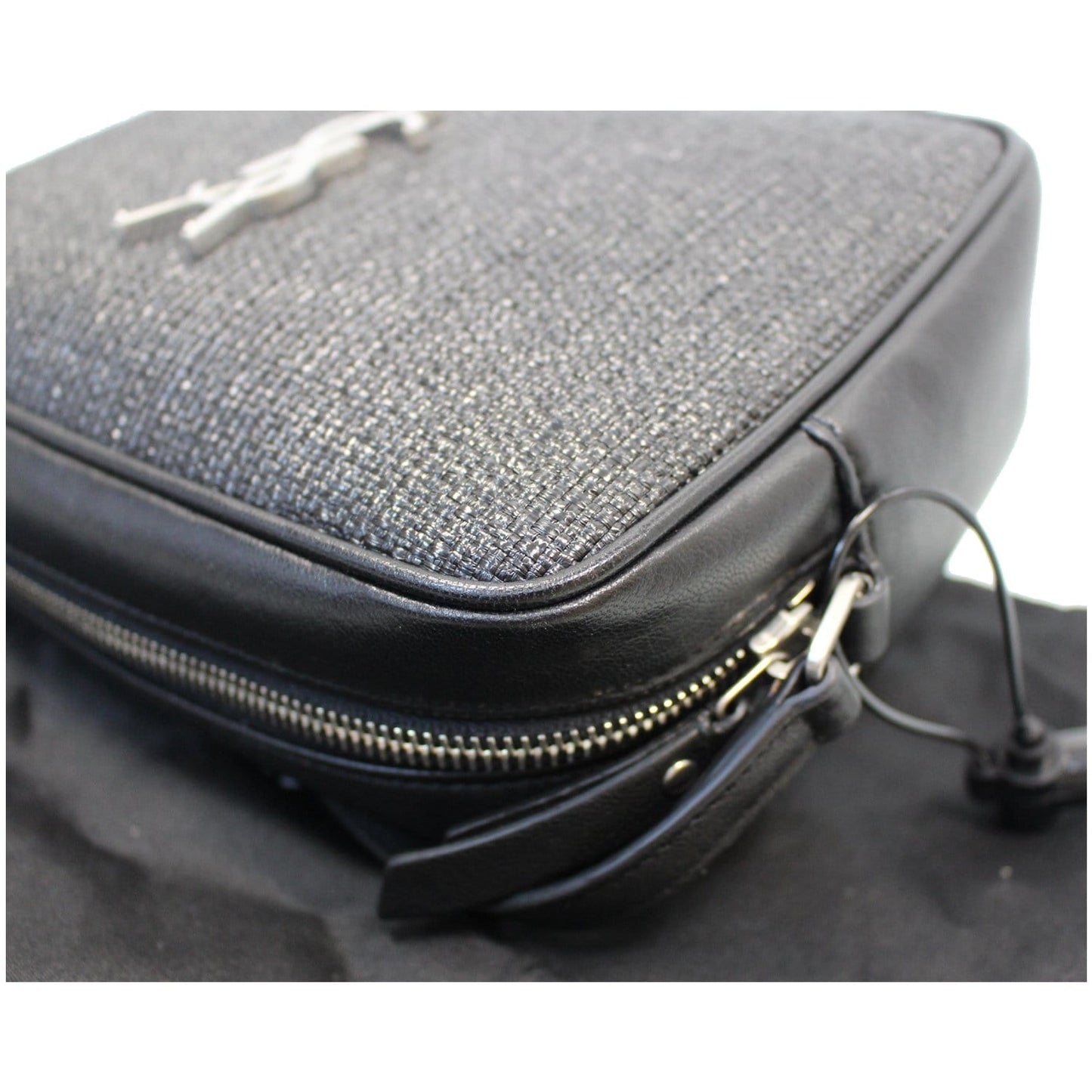 YVES SAINT LAURENT Lou Camera Raffia Canvas Crossbody Bag Black