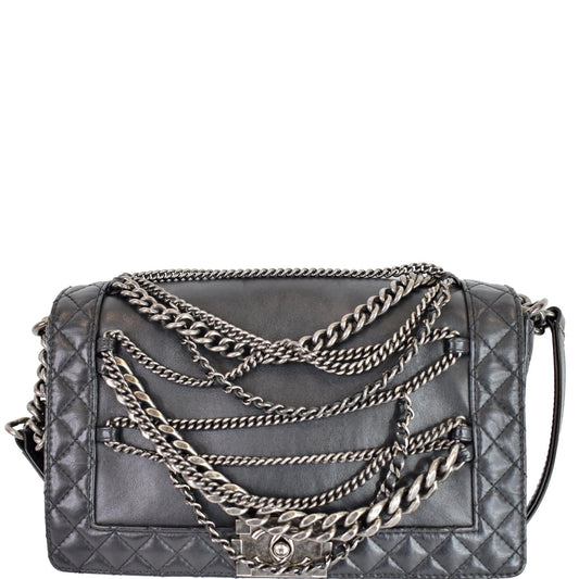 CHANEL Boy Enchained Medium Calfskin Leather Flap Shoulder Bag Black