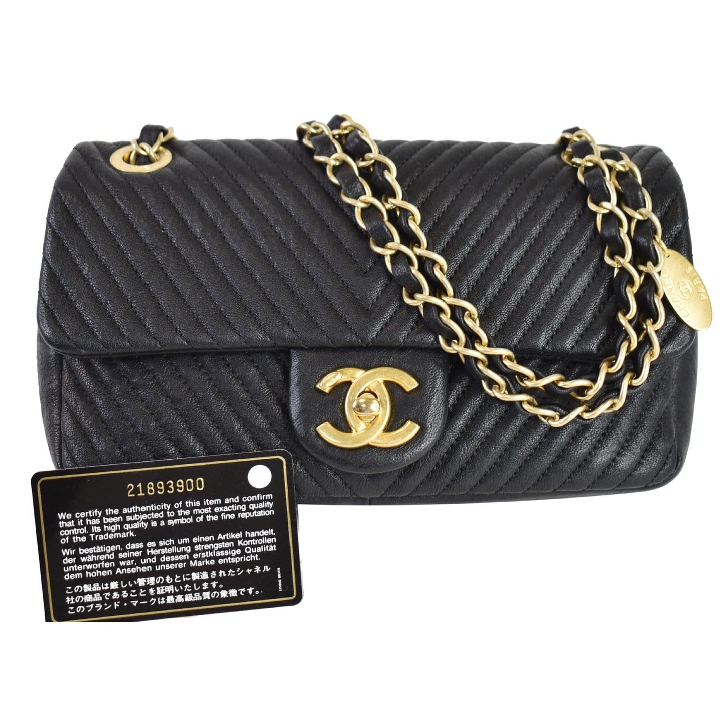 CHANEL Surpique Chevron Calfskin Classic Flap Shoulder Bag Black