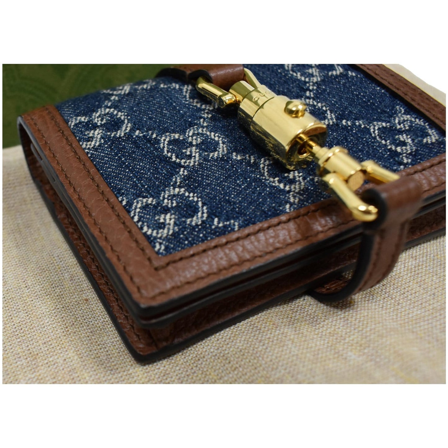 GUCCI Jackie 1961 GG Jacquard Denim Card Case Wallet Dark Blue