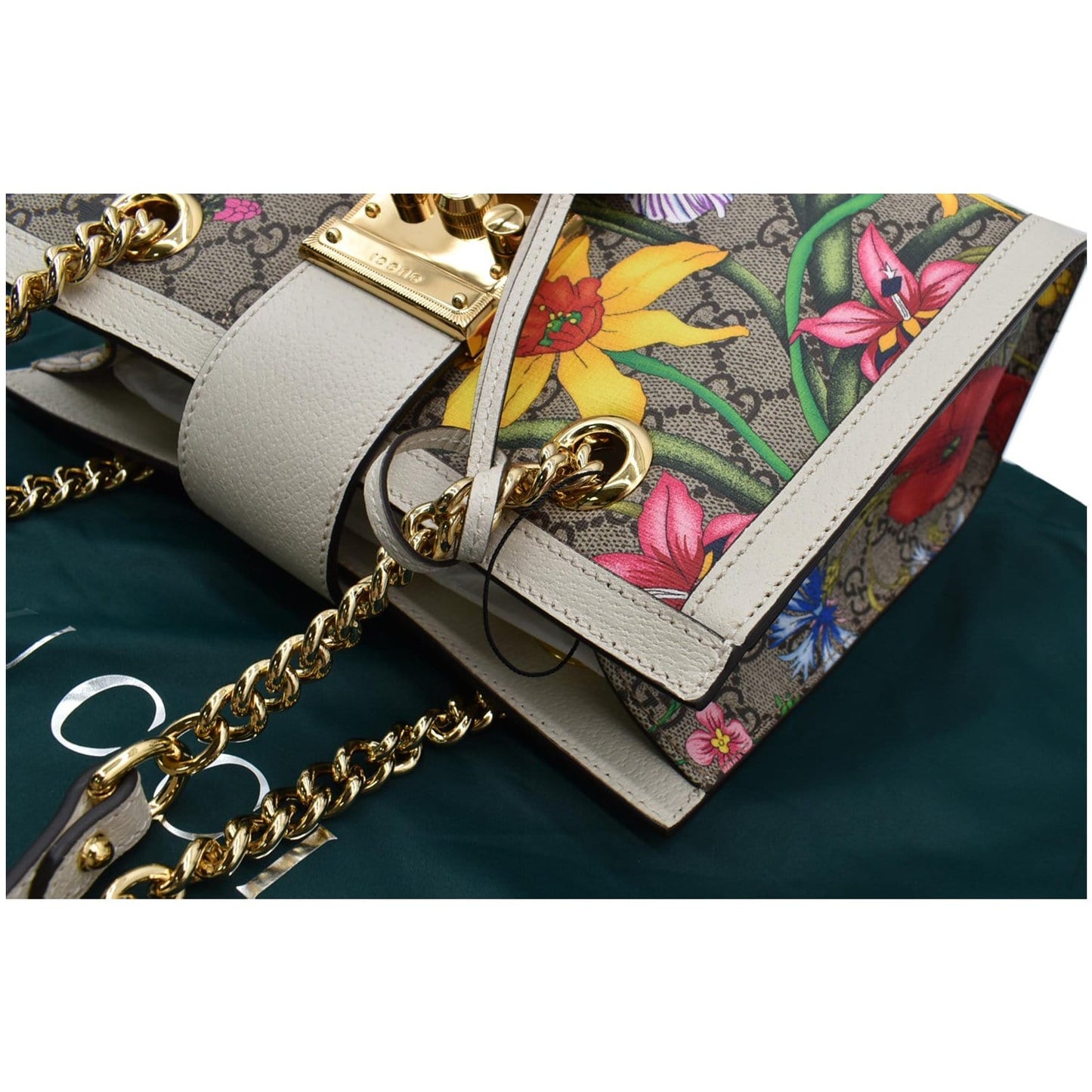 GUCCI Padlock Flora Small GG Supreme Canvas Shoulder Bag Beige 498156