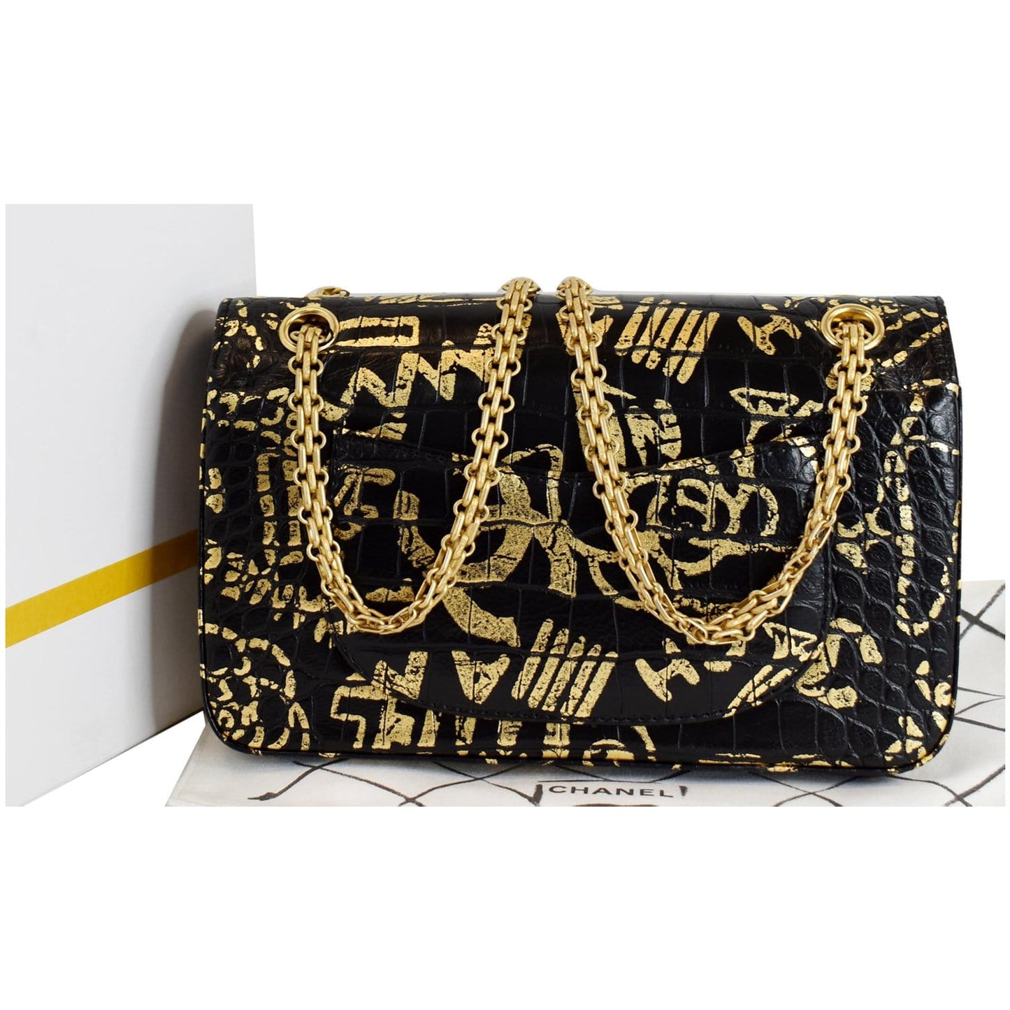 CHANEL Reissue 2.55 Flap Crocodile Embossed Graffiti Shoulder Bag Black