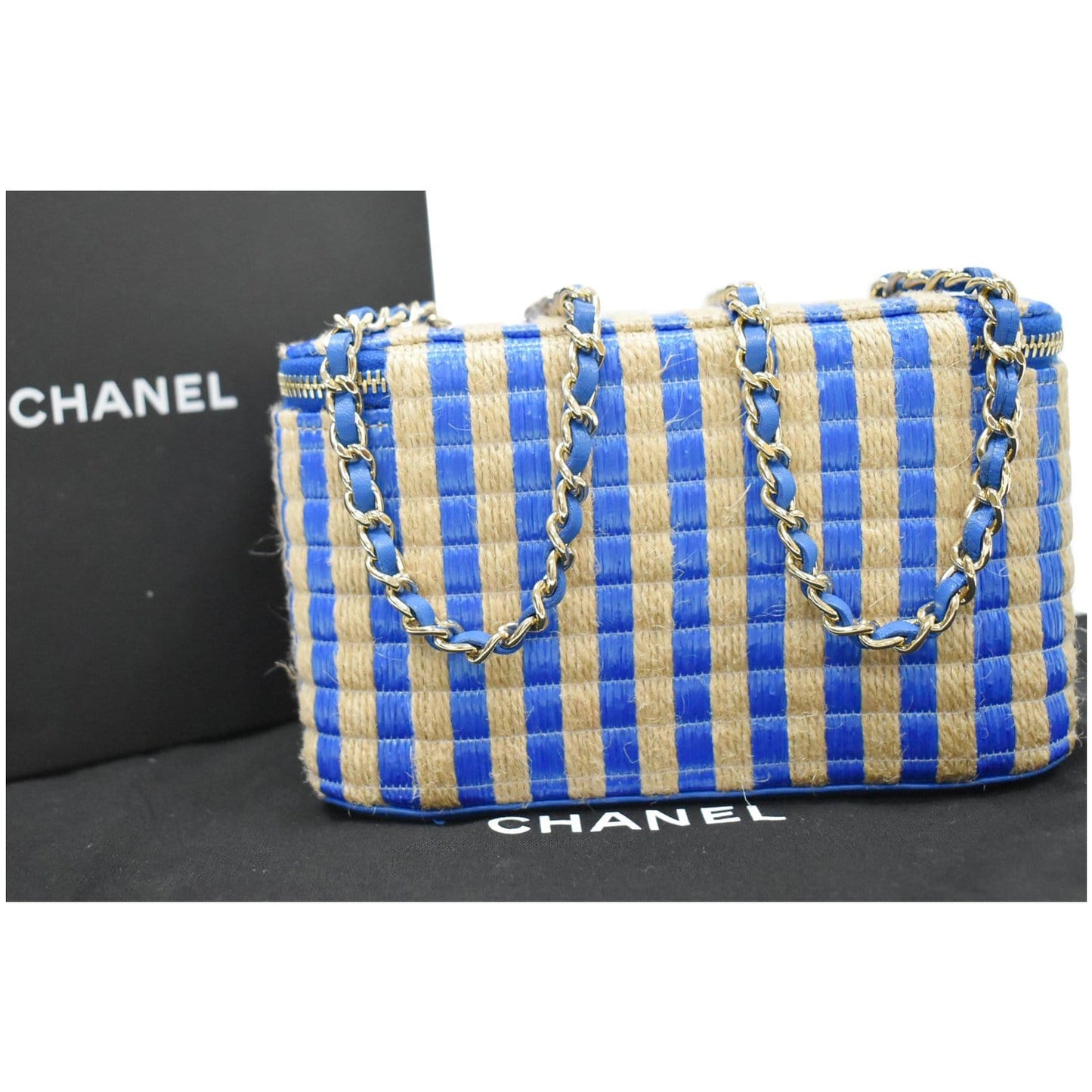 CHANEL Raffia Jute Striped Vanity Case Chain Crossbody Bag Blue - 10% OFF