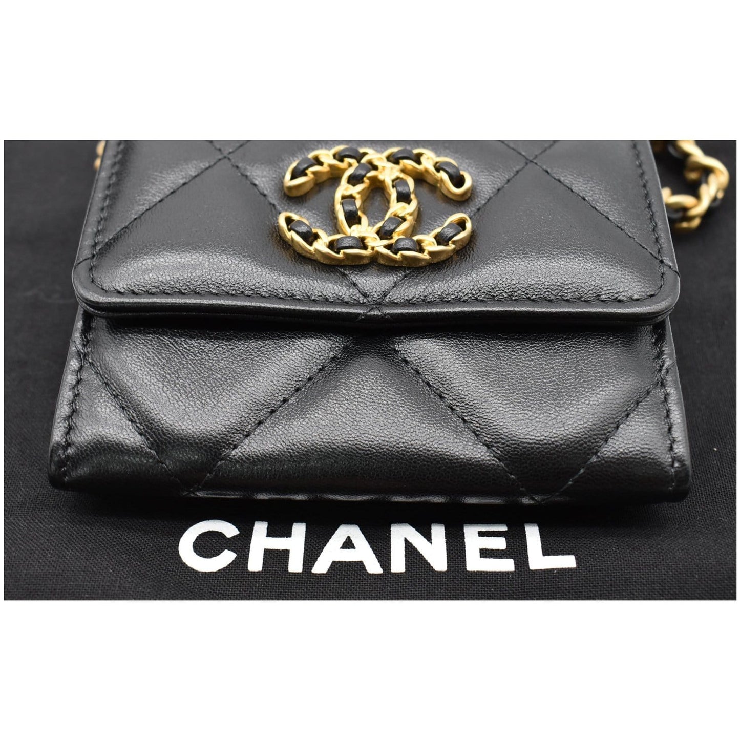 CHANEL 19 Flap Coin Purse Quilted Goatskin Chain Crossbody Bag Black