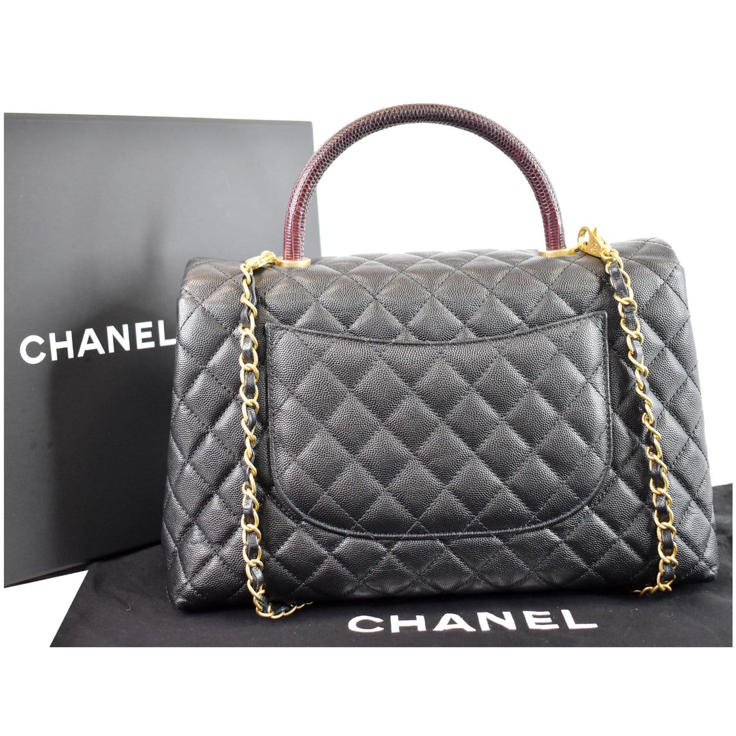 CHANEL Medium Coco Quilted Caviar Lizard Handle Shoulder Bag Black