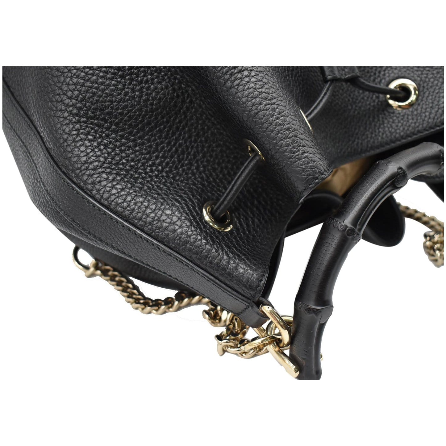 GUCCI Miss Bamboo Medium Leather Bucket Shoulder Handbag Black 387613