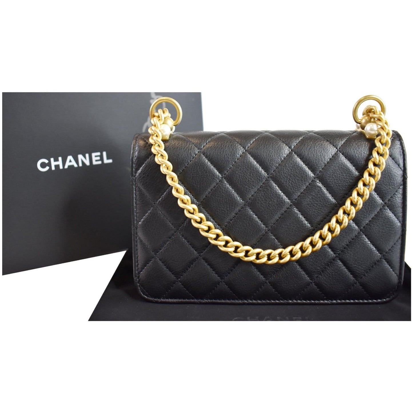 CHANEL Pearl Wallet On Chain Leather Crossbody Bag Black