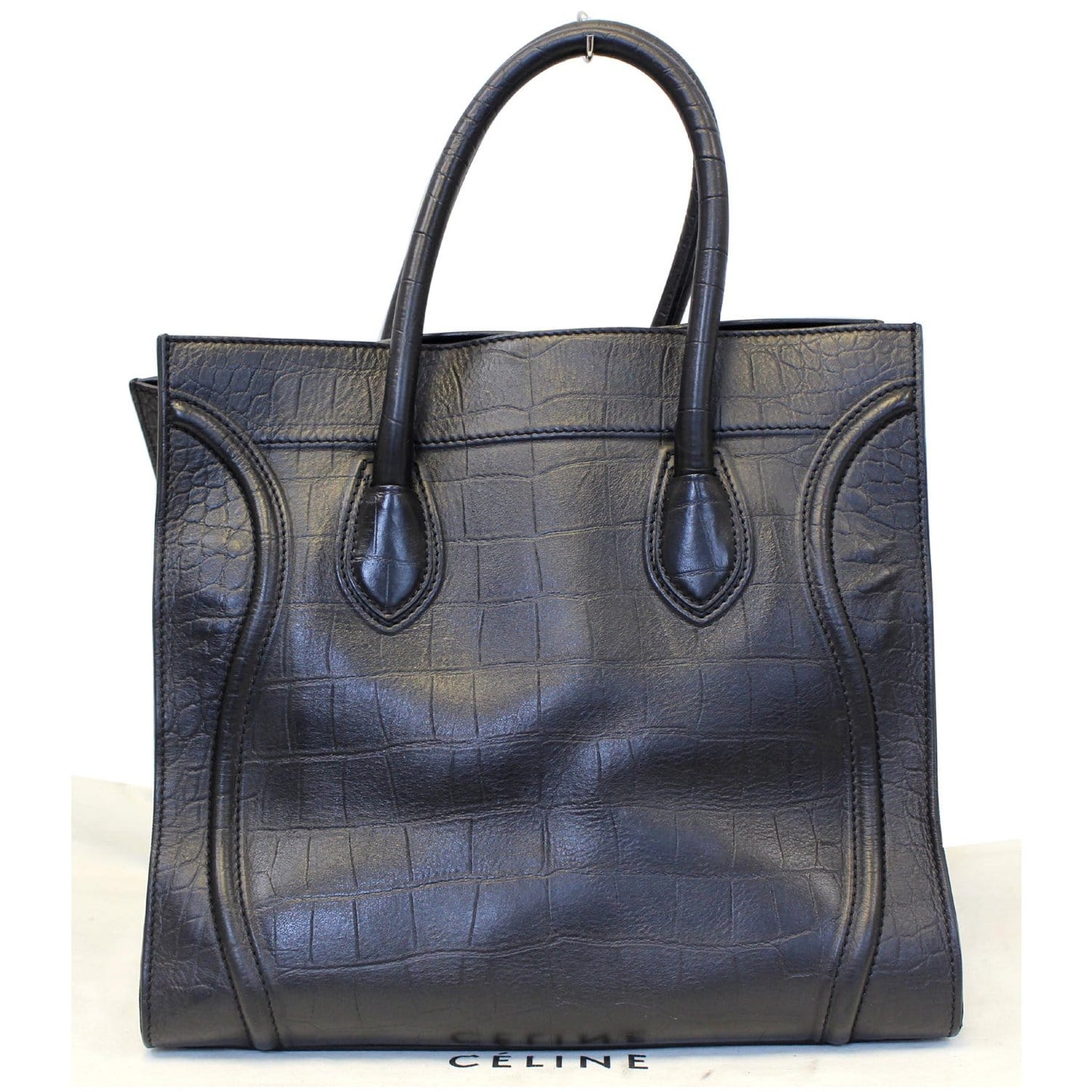 CELINE Medium Phantom Luggage Croc Stamped Embossed Leather Tote Bag Black