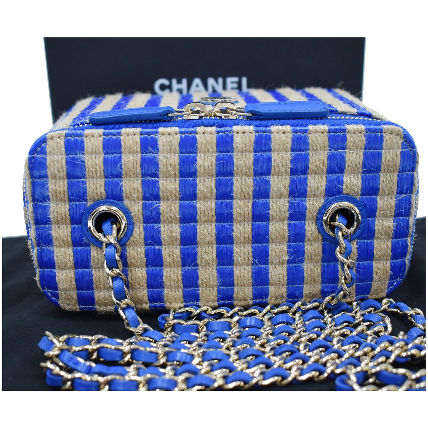 CHANEL Raffia Jute Striped Vanity Case Chain Crossbody Bag Blue - 10% OFF