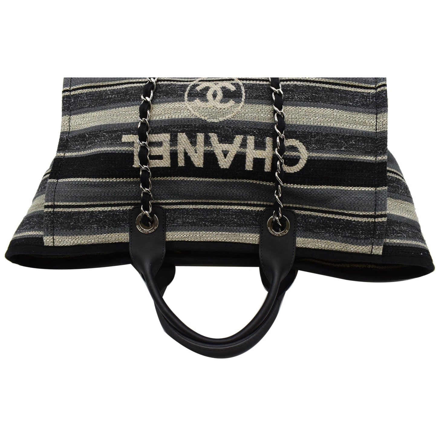 CHANEL Deauville Medium Striped Tweed Canvas Tote Bag Black/Grey