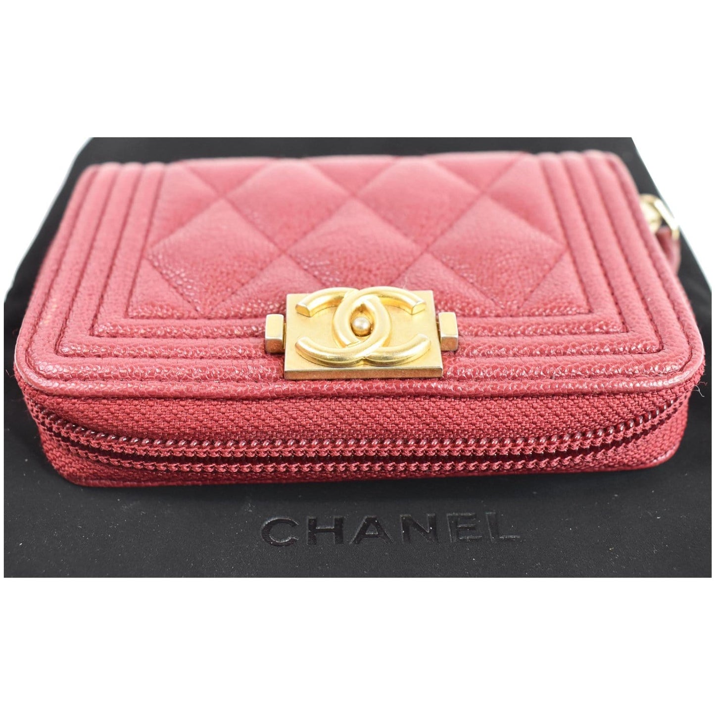 CHANEL Boy Zip Around Caviar Coin Purse Wallet Red