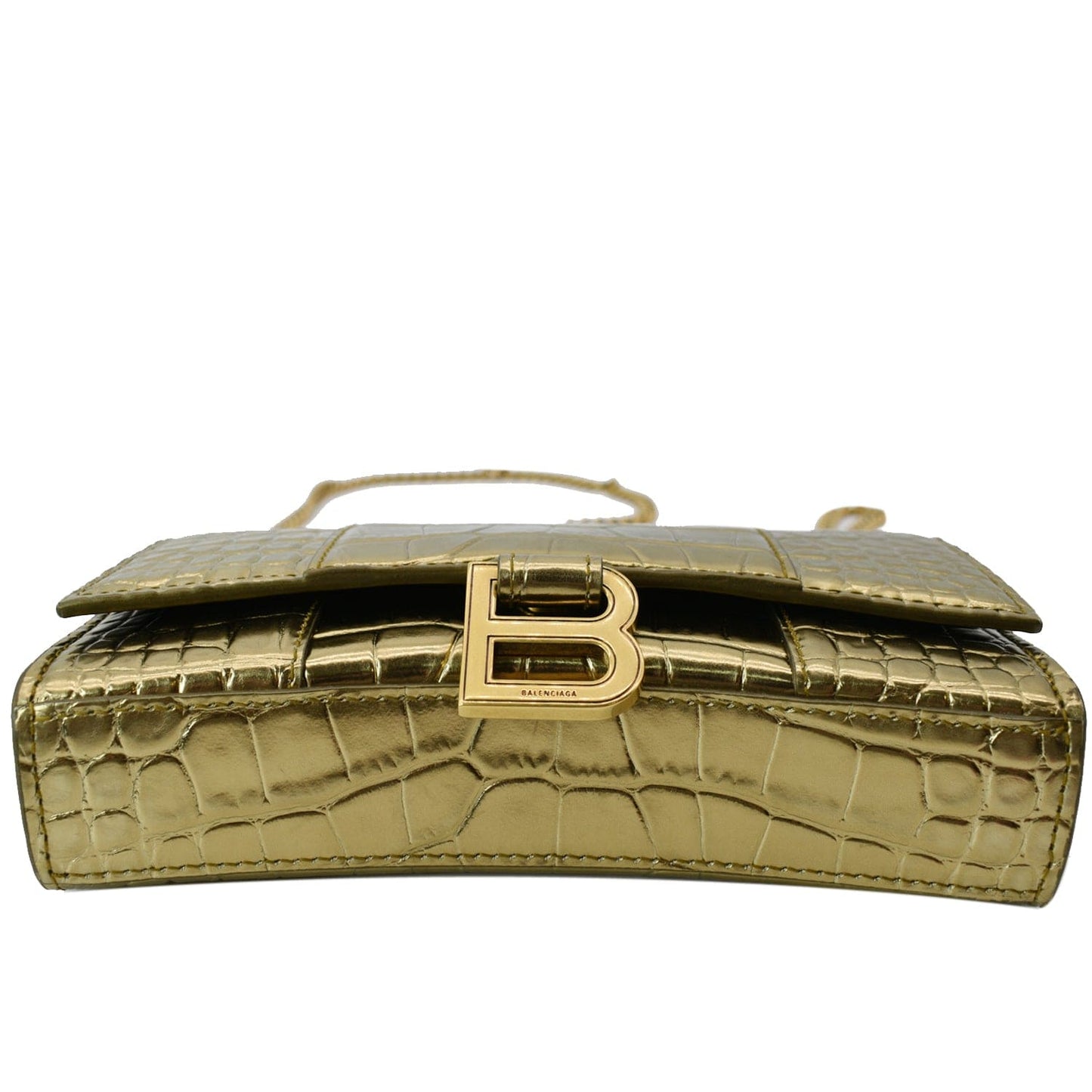 BALENCIAGA Hourglass Metallized Crocodile Embossed Wallet on Chain Crossbody Bag Gold