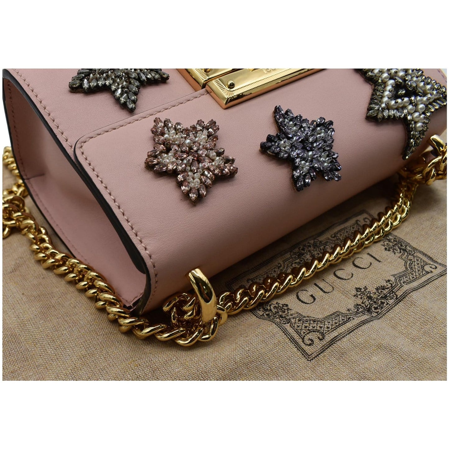 GUCCI Crystal Star Embroidered Padlock Small Shoulder Bag Pink 432182