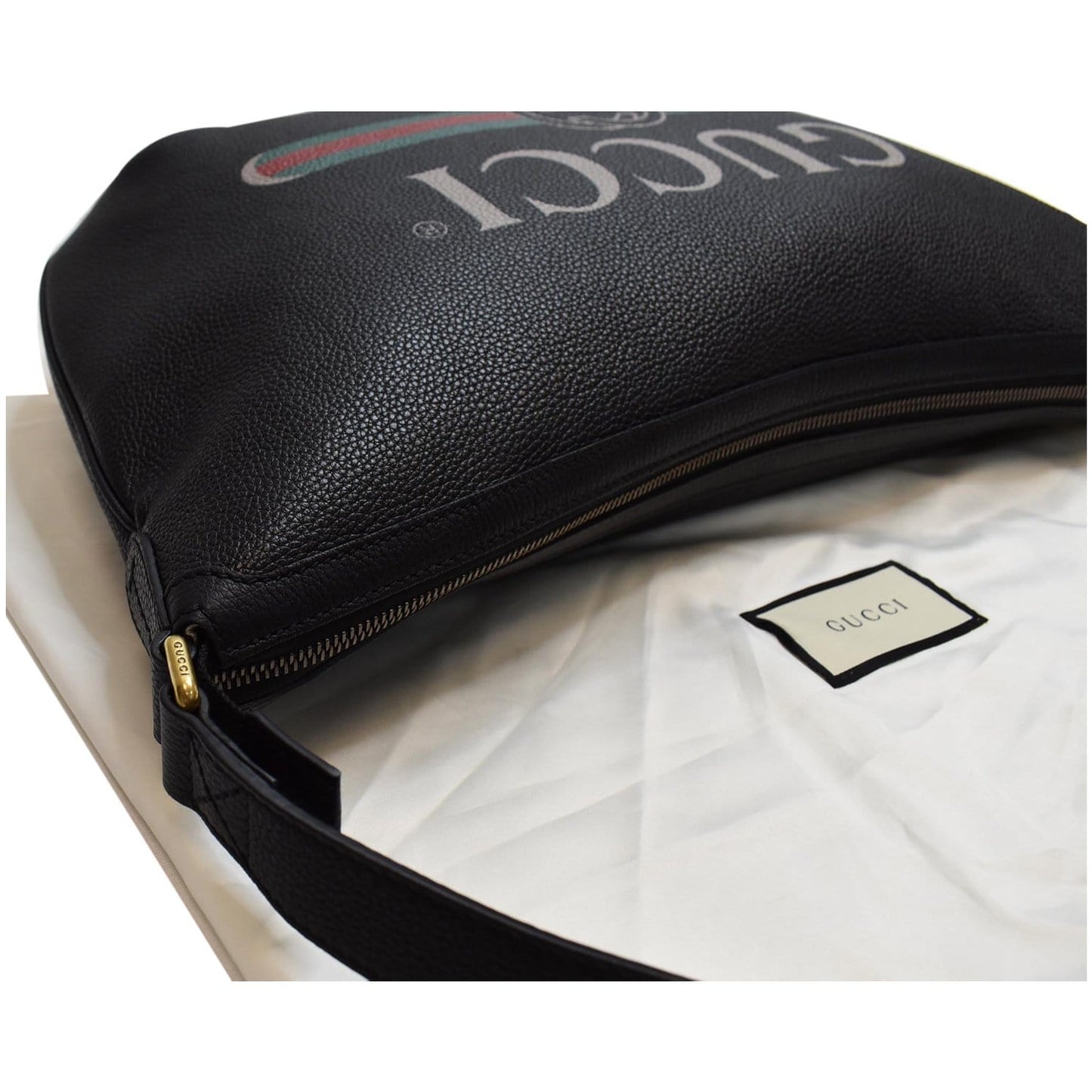 GUCCI Half Moon Logo Calfskin Leather Hobo Shoulder Bag Black 523588