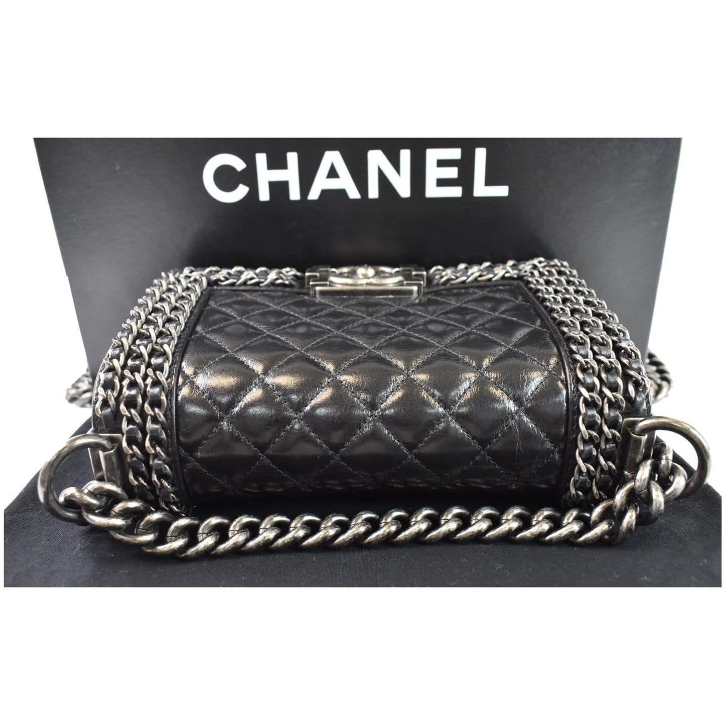 CHANEL Small Boy Embellished Chain Lambskin Shoulder Bag Black