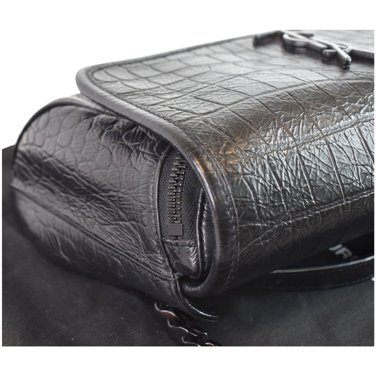 YVES SAINT LAURENT Niki Croc Embossed Leather Shoulder Bag Black