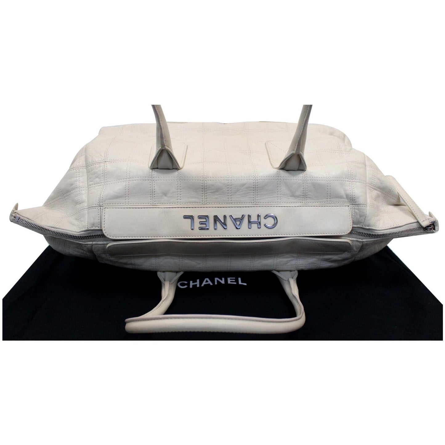 CHANEL Square Stitched Lax Lambskin Tote Bag White