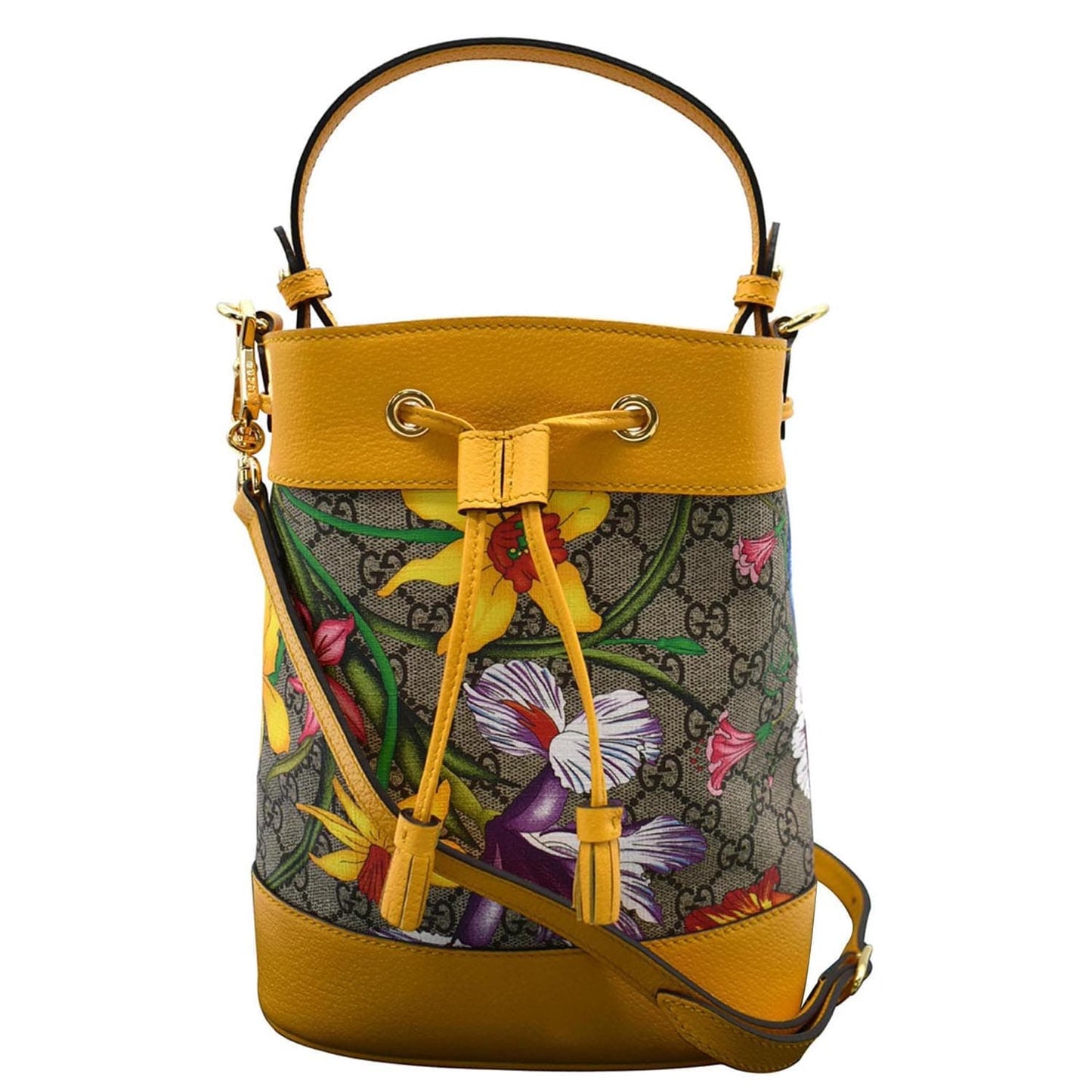 GUCCI Ophidia Flora Small GG Canvas Bucket Bag Yellow 550621