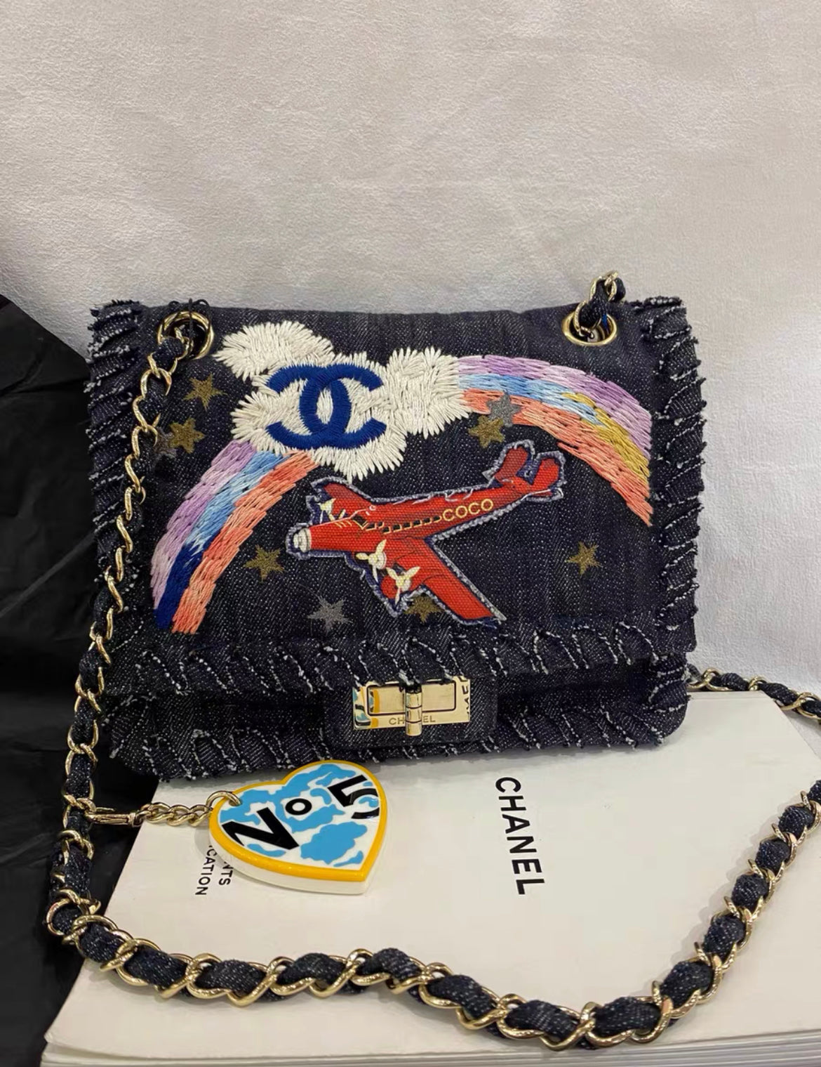 CHANEL 2006  NIGHT FLIGHT DENIM REISSUE AIRPLANE RAINBOW BAG 24K GHW