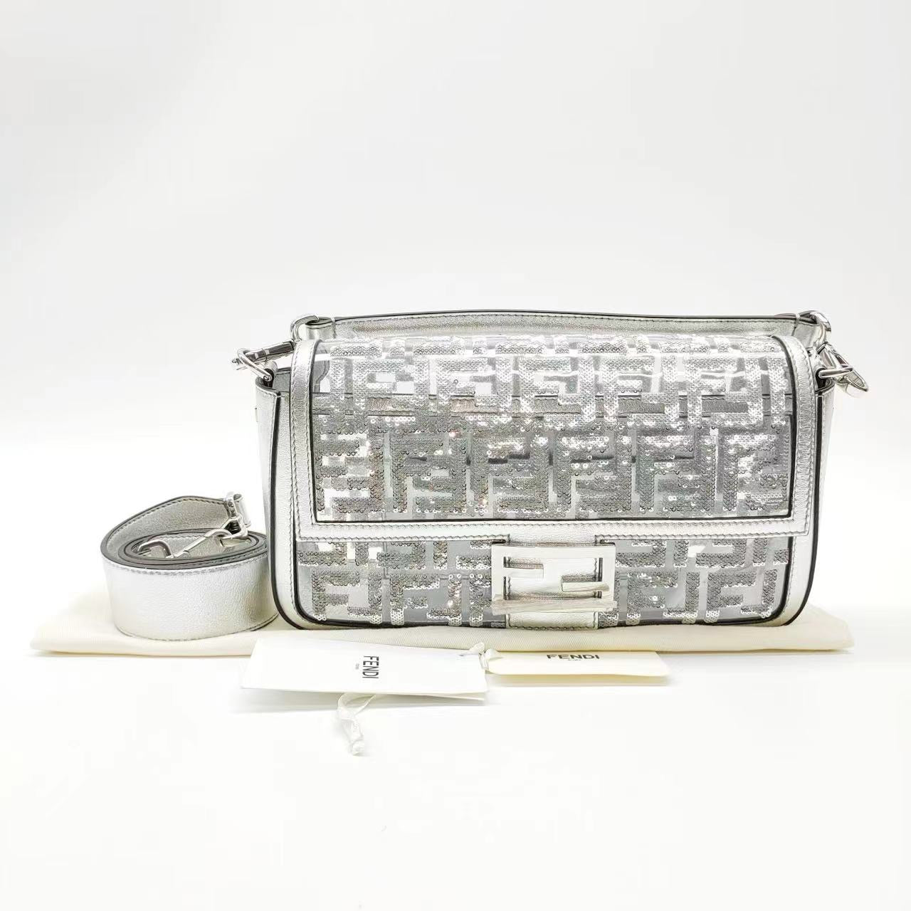 Fendi Baguette Fendi x Nicki Minaj Silver PVC and Leather with Glitter Sequins Crossbody Bag