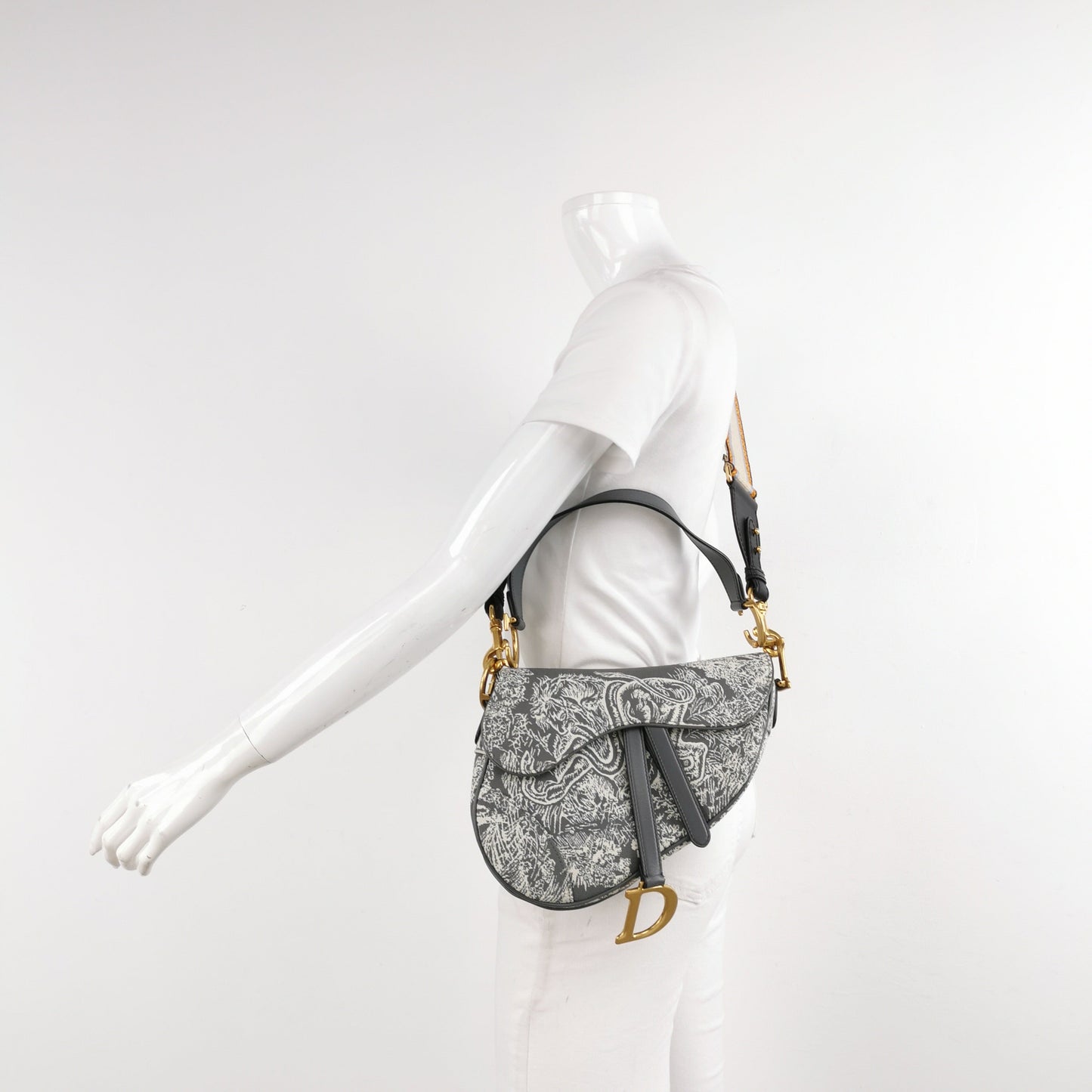 Christian Dior Saddle Medium Grey Canvas Rain Forest Prints Tiger
