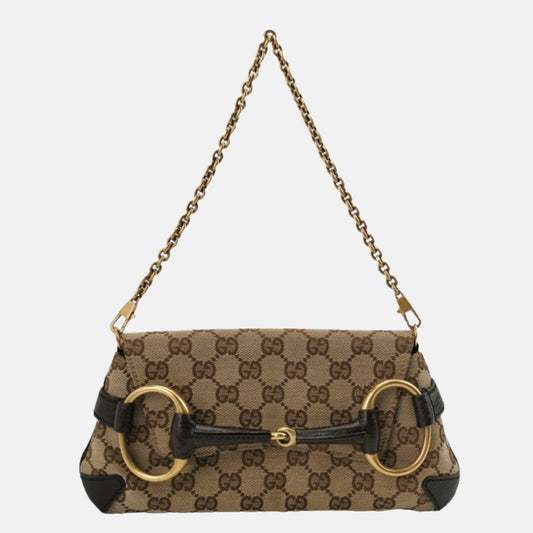 Gucci Horsebit 1955 Chain Clutch Small Cloth Beige Monogram Brown Leather Shoulder bag