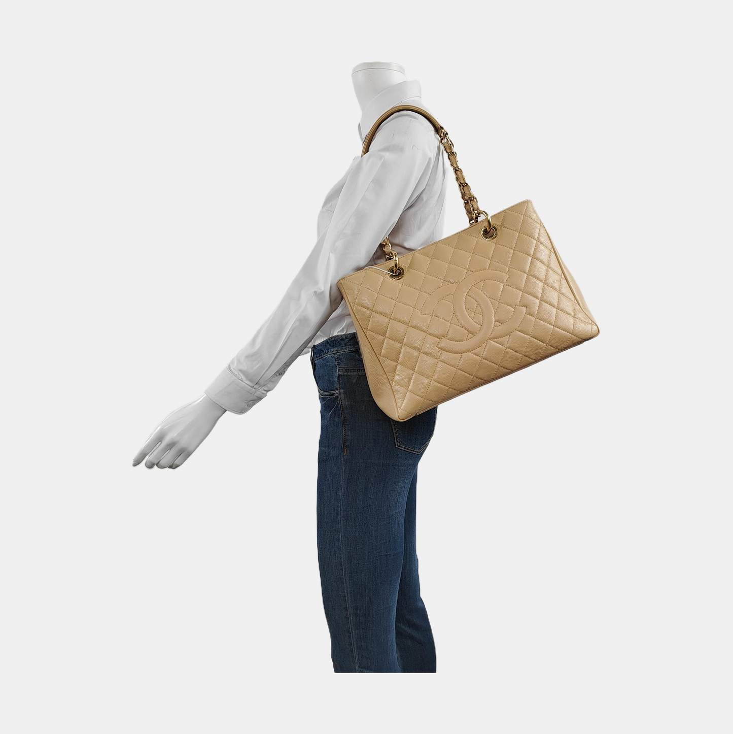 Chanel GST Grand Shopping Tote Beige Caviar Leather PM Gold Hardware