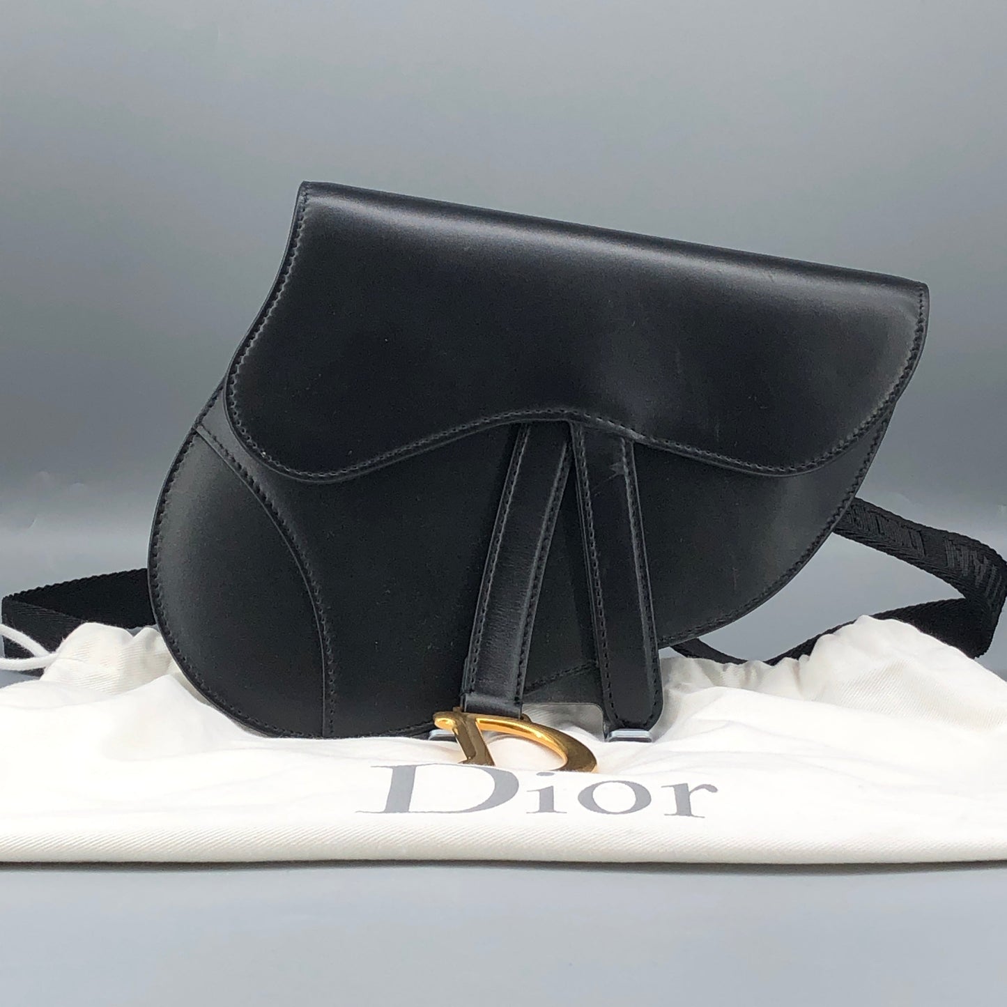 Christian Dior Smooth Black Leather Saddle Waist Belt Bag