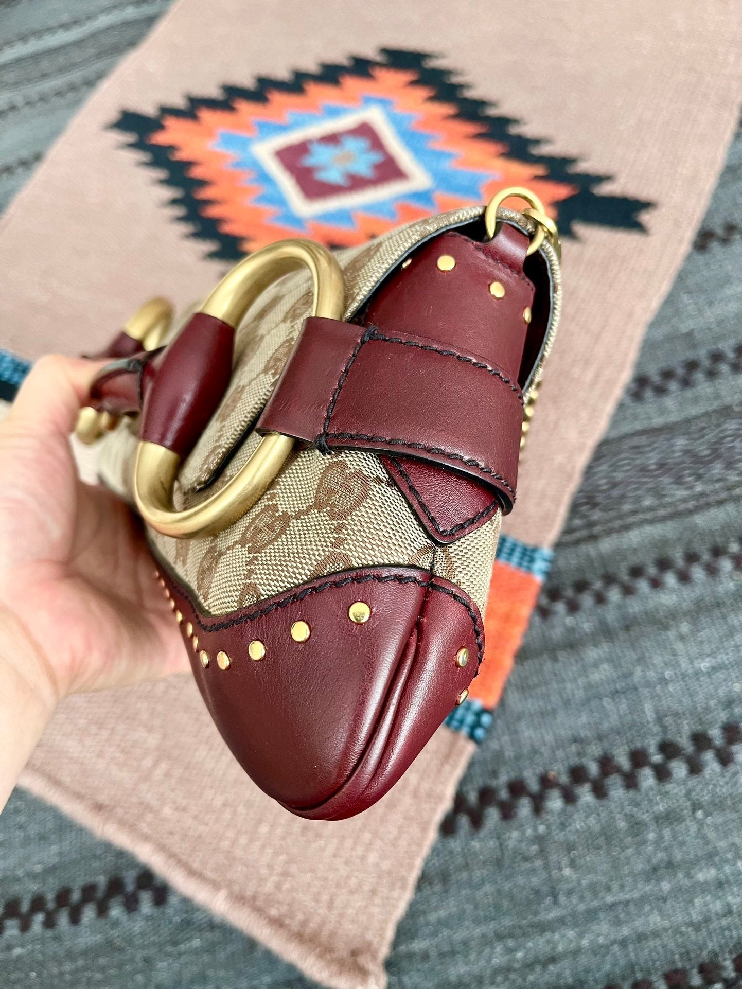 Gucci Horsebit 1955 Large Cloth Beige Monogram Burgundy Leather Shoulder bag
