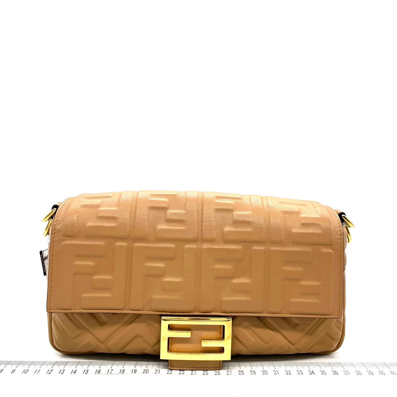 FENDI Baguette Camel Leather 3D FF Motif Crossbody bag